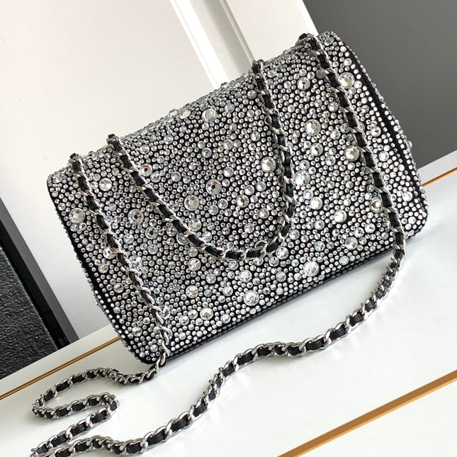 CC MINI 20 FLAP BAG IN SILVER SATIN RHINSTONES EMBELLISHED