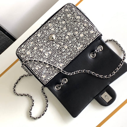 CC MINI 20 FLAP BAG IN SILVER SATIN RHINSTONES EMBELLISHED