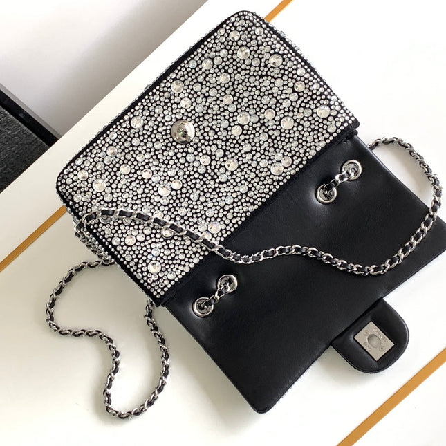 CC MINI 20 FLAP BAG IN SILVER SATIN RHINSTONES EMBELLISHED