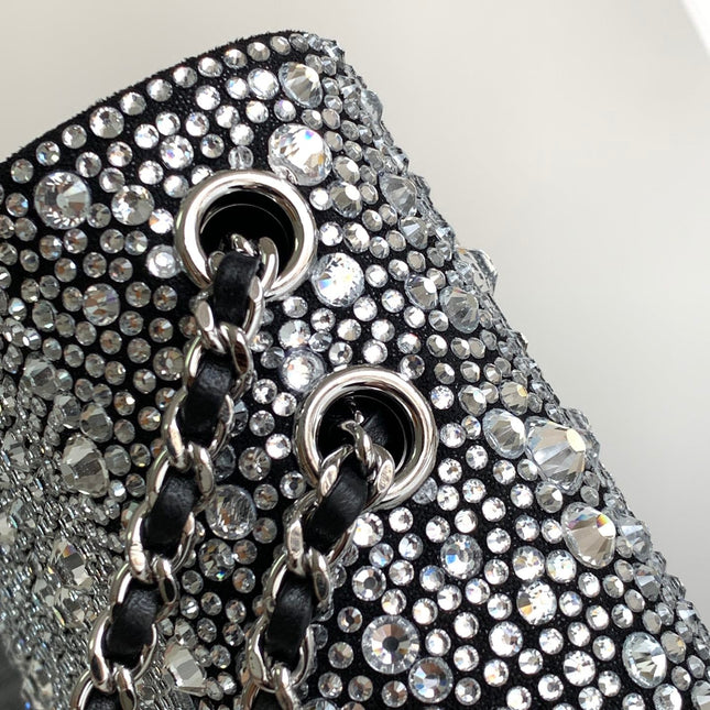 CC MINI 20 FLAP BAG IN SILVER SATIN RHINSTONES EMBELLISHED