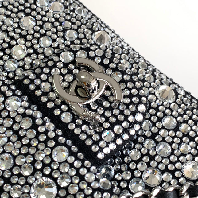 CC MINI 20 FLAP BAG IN SILVER SATIN RHINSTONES EMBELLISHED
