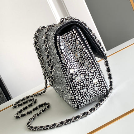 CC MINI 20 FLAP BAG IN SILVER SATIN RHINSTONES EMBELLISHED