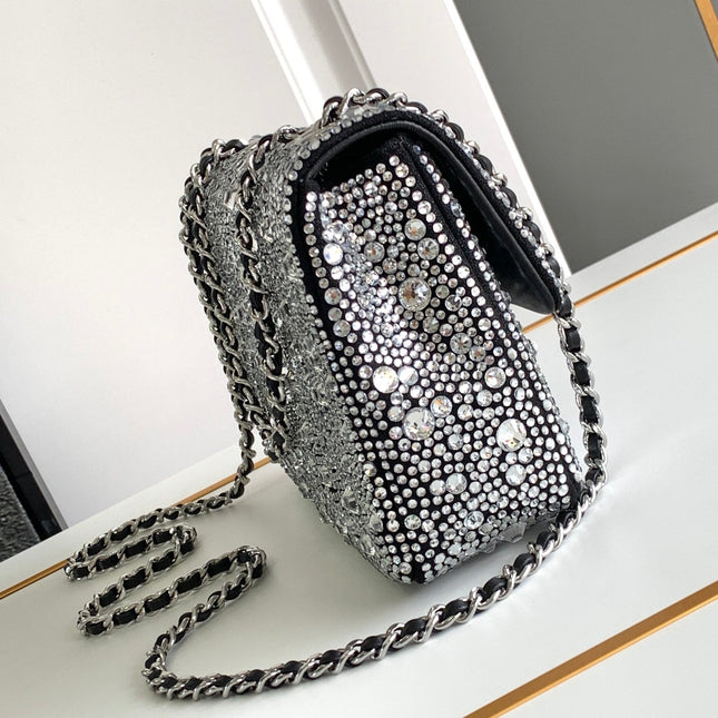 CC MINI 20 FLAP BAG IN SILVER SATIN RHINSTONES EMBELLISHED