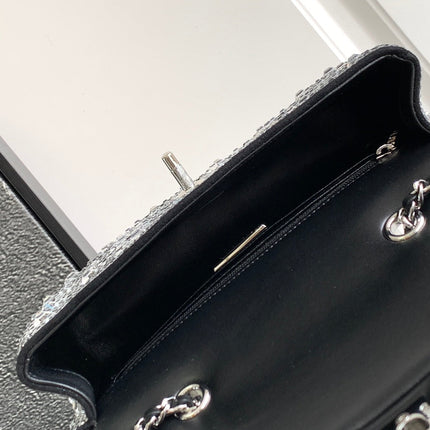 CC MINI 20 FLAP BAG IN SILVER SATIN RHINSTONES EMBELLISHED