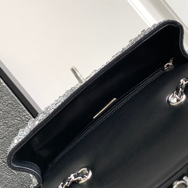 CC MINI 20 FLAP BAG IN SILVER SATIN RHINSTONES EMBELLISHED