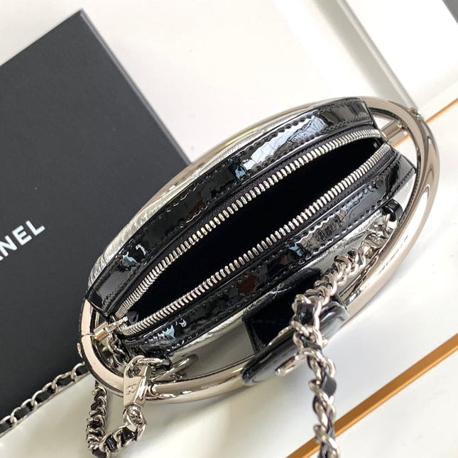 CC MINI 18 EARTH GLOBE ORB CHAIN BAG IN SILVER CALFSKIN