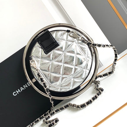 CC MINI 18 EARTH GLOBE ORB CHAIN BAG IN SILVER CALFSKIN