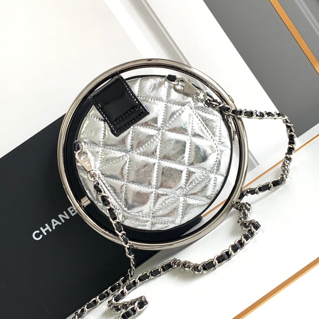 CC MINI 18 EARTH GLOBE ORB CHAIN BAG IN SILVER CALFSKIN