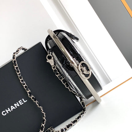 CC MINI 18 EARTH GLOBE ORB CHAIN BAG IN SILVER CALFSKIN