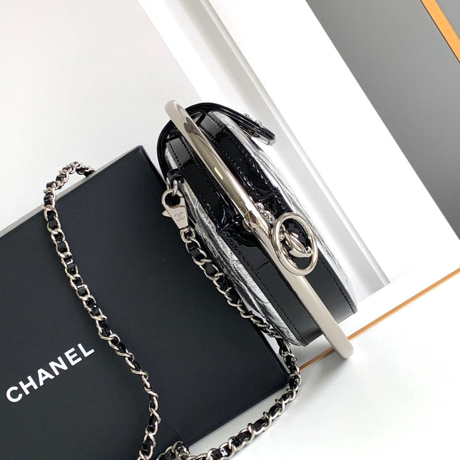 CC MINI 18 EARTH GLOBE ORB CHAIN BAG IN SILVER CALFSKIN