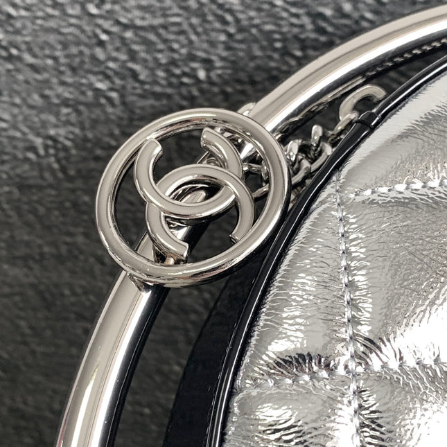 CC 22 EARTH GLOBE ORB CHAIN BAG IN SILVER CALFSKIN
