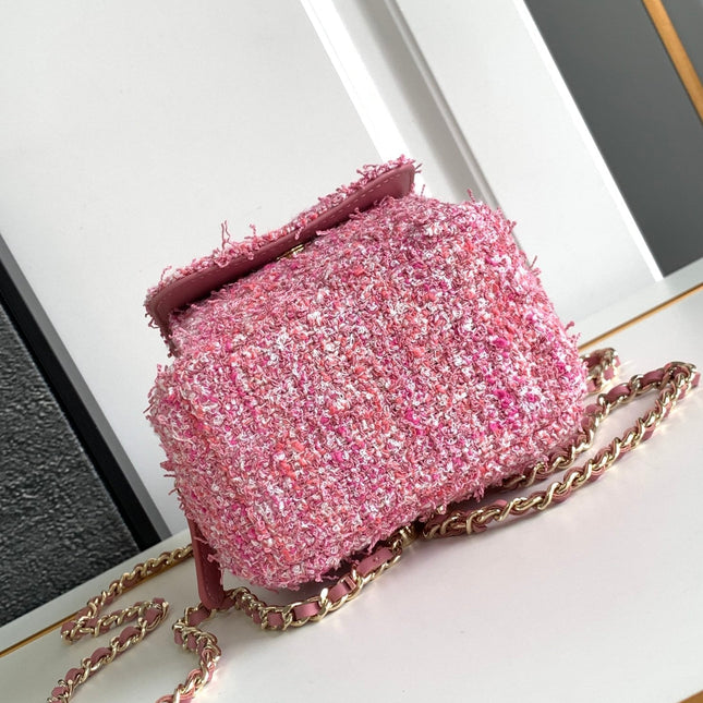 CC CLASSIC MINI 18 BACKPACK LIGHT PINK WOOL TWEED MIXED FIBERS GOLD TONE METAL