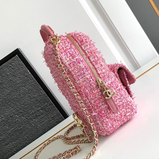 CC CLASSIC MINI 18 BACKPACK LIGHT PINK WOOL TWEED MIXED FIBERS GOLD TONE METAL