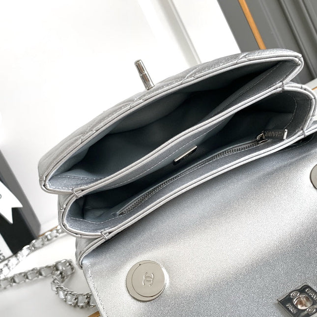 CC MINI 19 FLAP BAG IN SILVER CALFSKIN