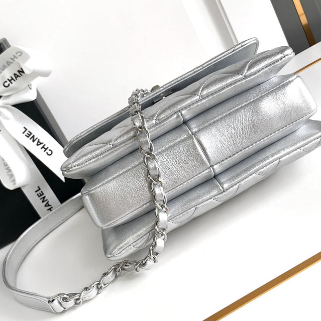 CC MINI 19 FLAP BAG IN SILVER CALFSKIN