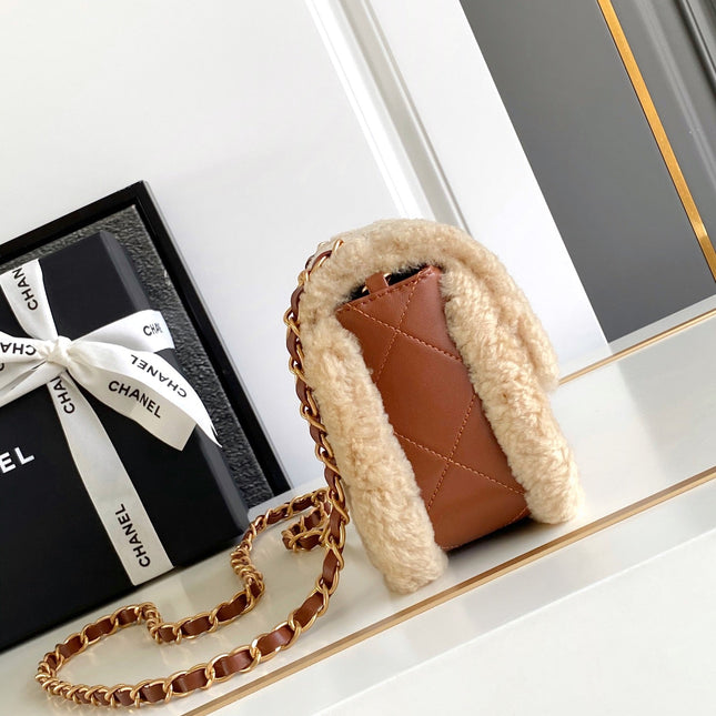 CHANEL 25S FLAP BAG 18 CM IN BEIGE WOOL AND BROWN LAMBSKIN