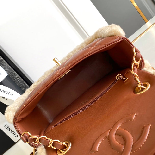 CHANEL 25S FLAP BAG 18 CM IN BEIGE WOOL AND BROWN LAMBSKIN