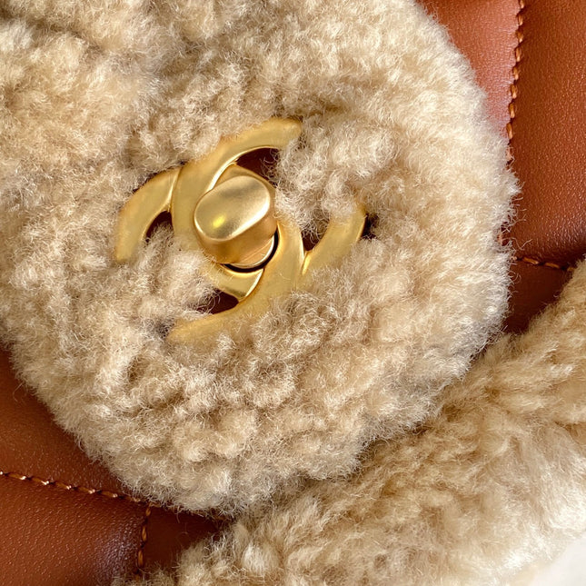 CHANEL 25S FLAP BAG 18 CM IN BEIGE WOOL AND BROWN LAMBSKIN