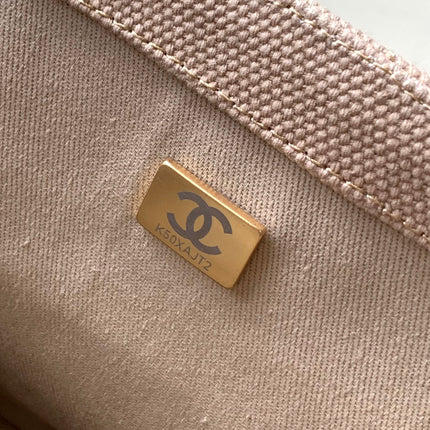 CHANEL 25S CLASSIC FLAP 26 CM IN LIGHT BEIGE CANVAS EMBROIDERED MOTIF WITH GOLD HARDWARE