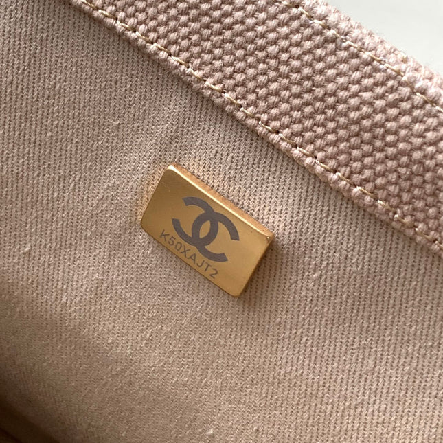 CHANEL 25S CLASSIC FLAP 26 CM IN LIGHT BEIGE CANVAS EMBROIDERED MOTIF WITH GOLD HARDWARE