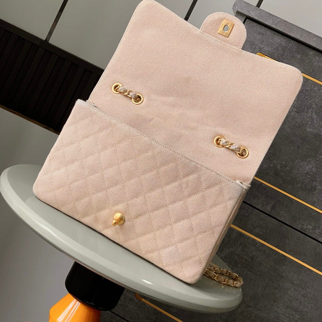 CHANEL 25S CLASSIC FLAP 26 CM IN LIGHT BEIGE CANVAS EMBROIDERED MOTIF WITH GOLD HARDWARE
