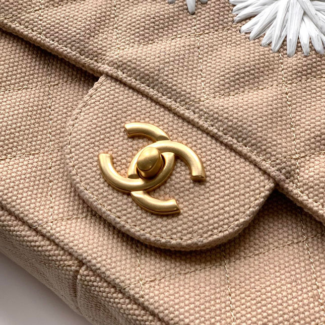 CHANEL 25S CLASSIC FLAP 26 CM IN LIGHT BEIGE CANVAS EMBROIDERED MOTIF WITH GOLD HARDWARE