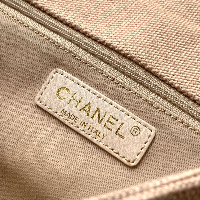 CHANEL 25S CLASSIC FLAP 26 CM IN LIGHT BEIGE CANVAS EMBROIDERED MOTIF WITH GOLD HARDWARE