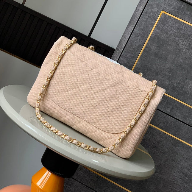 CHANEL 25S CLASSIC FLAP 26 CM IN LIGHT BEIGE CANVAS EMBROIDERED MOTIF WITH GOLD HARDWARE