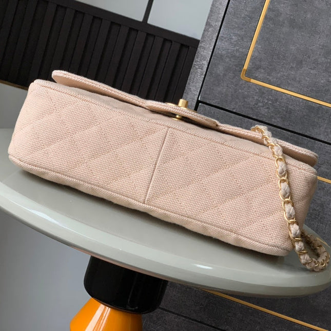 CHANEL 25S CLASSIC FLAP 26 CM IN LIGHT BEIGE CANVAS EMBROIDERED MOTIF WITH GOLD HARDWARE
