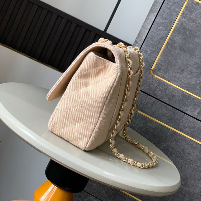 CHANEL 25S CLASSIC FLAP 26 CM IN LIGHT BEIGE CANVAS EMBROIDERED MOTIF WITH GOLD HARDWARE