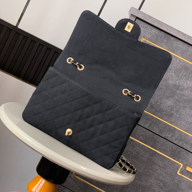 CHANEL 25S CLASSIC FLAP 26 CM IN GUNMETAL BLACK CANVAS EMBROIDERED MOTIF WITH GOLD HARDWARE