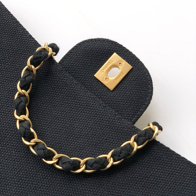 CHANEL 25S CLASSIC FLAP 26 CM IN GUNMETAL BLACK CANVAS EMBROIDERED MOTIF WITH GOLD HARDWARE