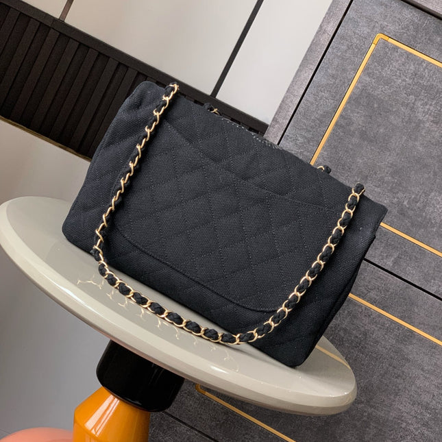 CHANEL 25S CLASSIC FLAP 26 CM IN GUNMETAL BLACK CANVAS EMBROIDERED MOTIF WITH GOLD HARDWARE