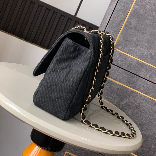 CHANEL 25S CLASSIC FLAP 26 CM IN GUNMETAL BLACK CANVAS EMBROIDERED MOTIF WITH GOLD HARDWARE
