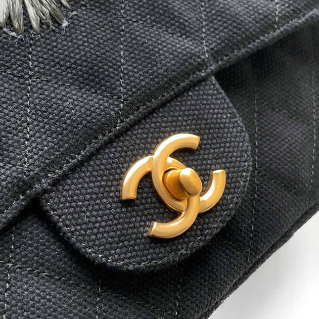 CHANEL 25S CLASSIC FLAP 26 CM IN GUNMETAL BLACK CANVAS EMBROIDERED MOTIF WITH GOLD HARDWARE