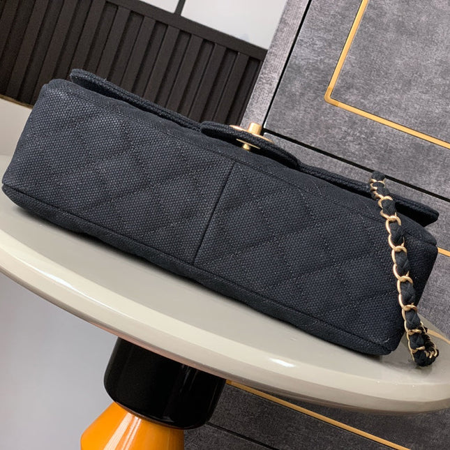 CHANEL 25S CLASSIC FLAP 26 CM IN GUNMETAL BLACK CANVAS EMBROIDERED MOTIF WITH GOLD HARDWARE