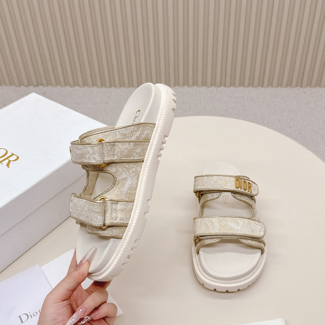 DIOR CLASSIC DOUBLE-STRAP SLIDES 25S IN WHITE MIX BEIGE FABRIC AND CALFSKIN