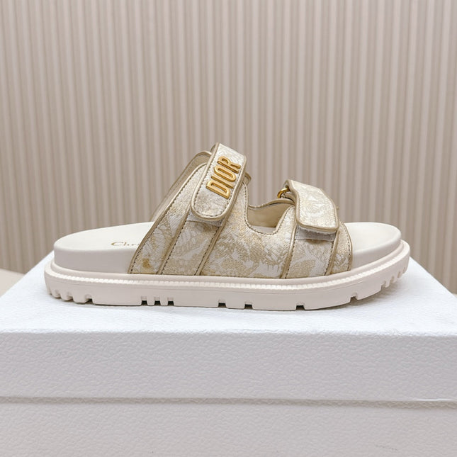 DIOR CLASSIC DOUBLE-STRAP SLIDES 25S IN WHITE MIX BEIGE FABRIC AND CALFSKIN