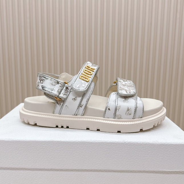 DIOR BACK-STRAP SANDALS 25S IN CREAM WHITE AND SILVER CALFSKIN WITH BUTTERFLY MOTIF