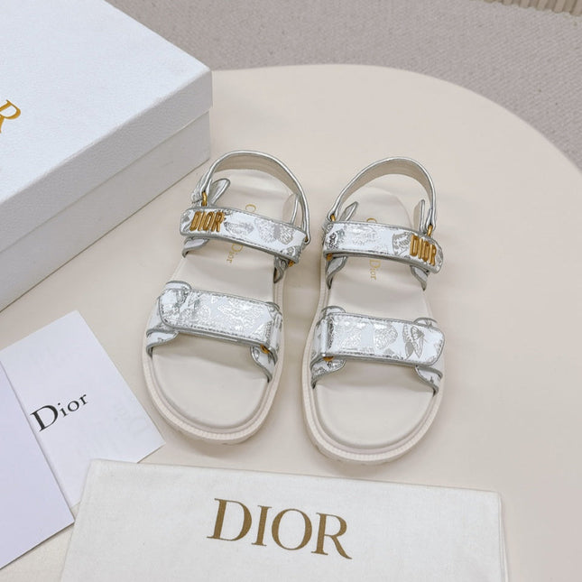 DIOR BACK-STRAP SANDALS 25S IN CREAM WHITE AND SILVER CALFSKIN WITH BUTTERFLY MOTIF
