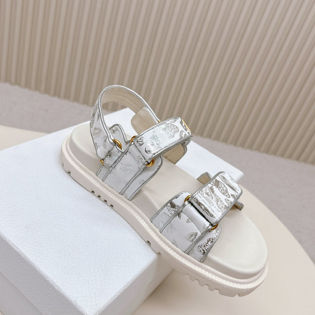 DIOR BACK-STRAP SANDALS 25S IN CREAM WHITE AND SILVER CALFSKIN WITH BUTTERFLY MOTIF