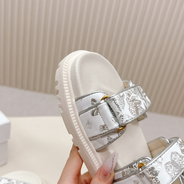 DIOR BACK-STRAP SANDALS 25S IN CREAM WHITE AND SILVER CALFSKIN WITH BUTTERFLY MOTIF