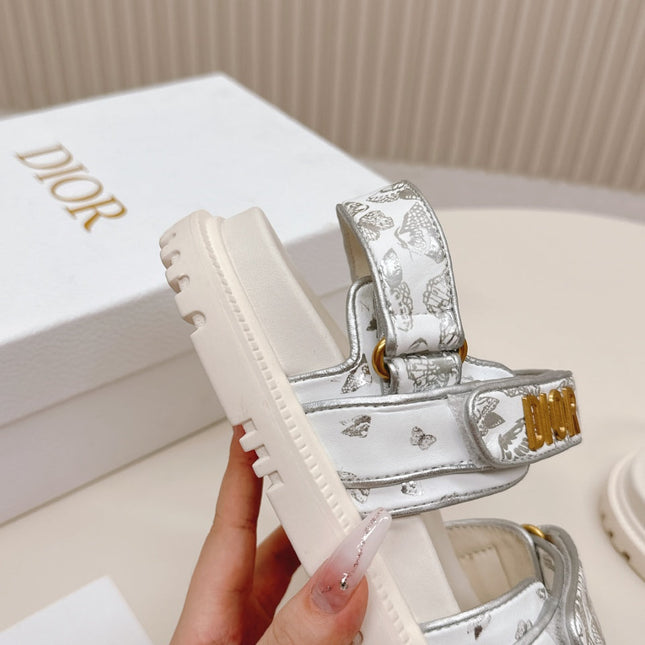 DIOR BACK-STRAP SANDALS 25S IN CREAM WHITE AND SILVER CALFSKIN WITH BUTTERFLY MOTIF
