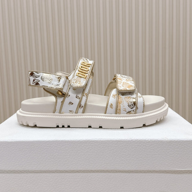 DIOR BACK-STRAP SANDALS 25S IN CREAM WHITE AND GOLD CALFSKIN WITH BUTTERFLY MOTIF