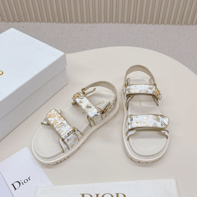 DIOR BACK-STRAP SANDALS 25S IN CREAM WHITE AND GOLD CALFSKIN WITH BUTTERFLY MOTIF