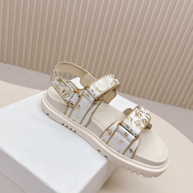 DIOR BACK-STRAP SANDALS 25S IN CREAM WHITE AND GOLD CALFSKIN WITH BUTTERFLY MOTIF