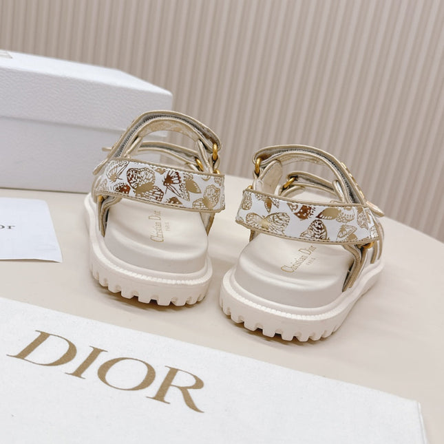 DIOR BACK-STRAP SANDALS 25S IN CREAM WHITE AND GOLD CALFSKIN WITH BUTTERFLY MOTIF