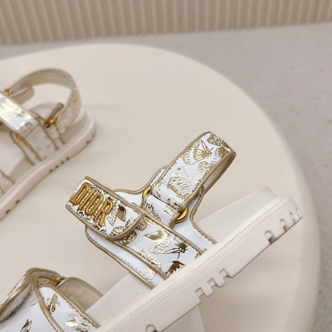 DIOR BACK-STRAP SANDALS 25S IN CREAM WHITE AND GOLD CALFSKIN WITH BUTTERFLY MOTIF