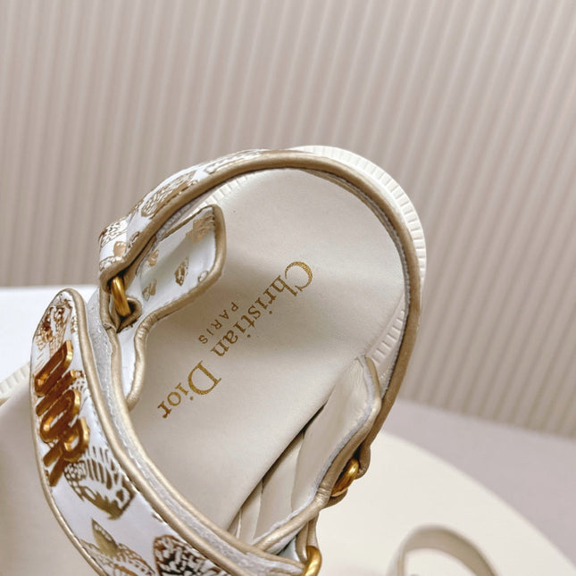 DIOR BACK-STRAP SANDALS 25S IN CREAM WHITE AND GOLD CALFSKIN WITH BUTTERFLY MOTIF