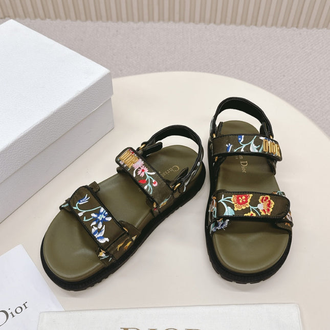 DIOR BACK-STRAP SANDALS 25S IN MOSS GREEN CALFSKIN EMBROIDERED WITH PETITES FLEURS